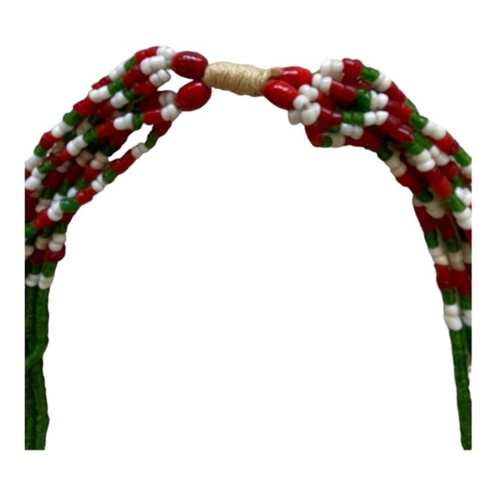 Multi Strand Red, Green, White Beaded Tassel Tribal Style Necklace 20” Drop - Picture 6 of 10